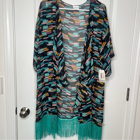 LuLaRoe Tops - LuLaRoe Multicolor Geometric Kimono Size Large Women’s NWT Tassels